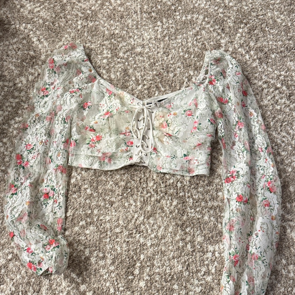 Floral Lace-Up Crop Top - Cream and Pink